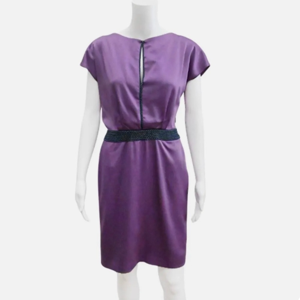 ZAC POSEN Lilac Silk Peek-A-Boo Front Bead Belt Draped Back Dress, size 6